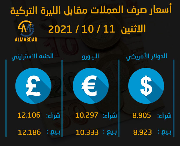 أسعار صرف العملات مقابل الليرة التركية ليوم الإثنين 11-10-2021
