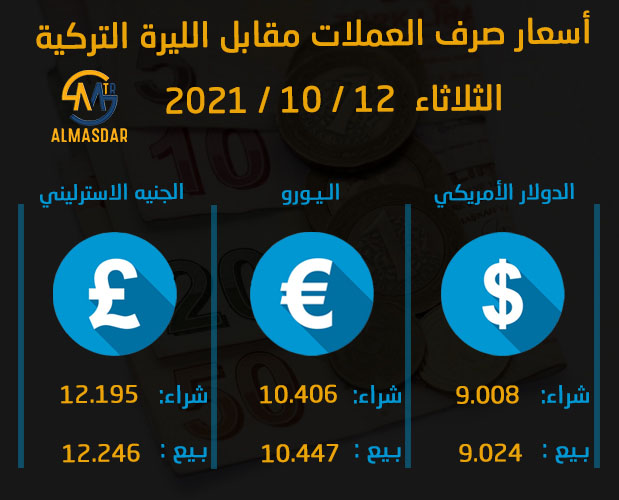 أسعار صرف العملات مقابل الليرة التركية ليوم الثلاثاء 12-10-2021